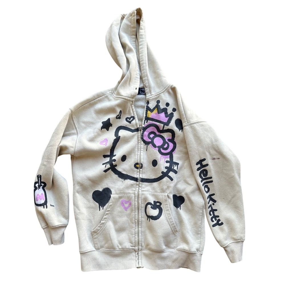 Hello Kitty x Forever 21 Tan Graffiti Zip Up Hoodie Womens Small A1214‎